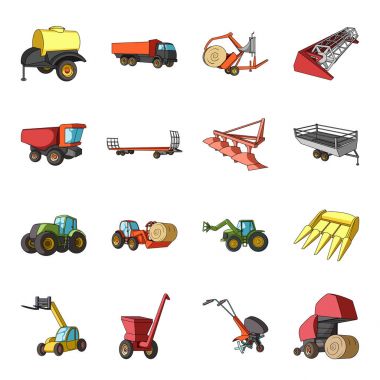 Treyler, Damper, traktör, yükleyici ve diğer ekipmanlar. Tarım makineleri toplama simgeler karikatür tarzı vektör simge stok çizim web içinde ayarla..