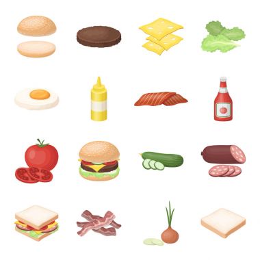 Rulo, beşamel sos, peynir, ketçap, salata ve diğer öğeleri. Burger ve malzemeleri toplama simgeler karikatür tarzı vektör simge stok çizim web içinde ayarla.