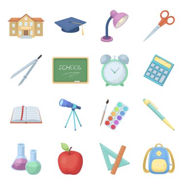 Bir kitap, bir teleskop, bir kalem, okul için öğeleri. Okul ve eğitim toplama simgeler karikatür tarzı vektör simge stok çizim web içinde ayarla..