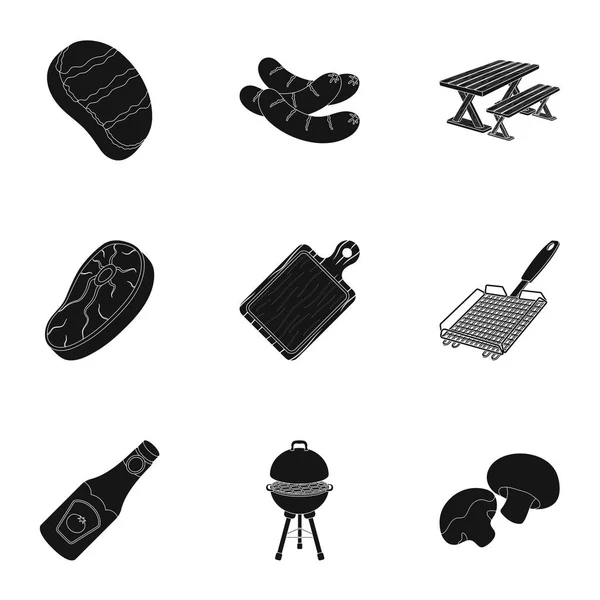 Fleisch, Steak, Brennholz, Grill, Tisch und anderes Zubehör für Grill. BBQ Set Sammlung Symbole im schwarzen Stil Vektor Symbol Stock Illustration Web. — Stockvektor