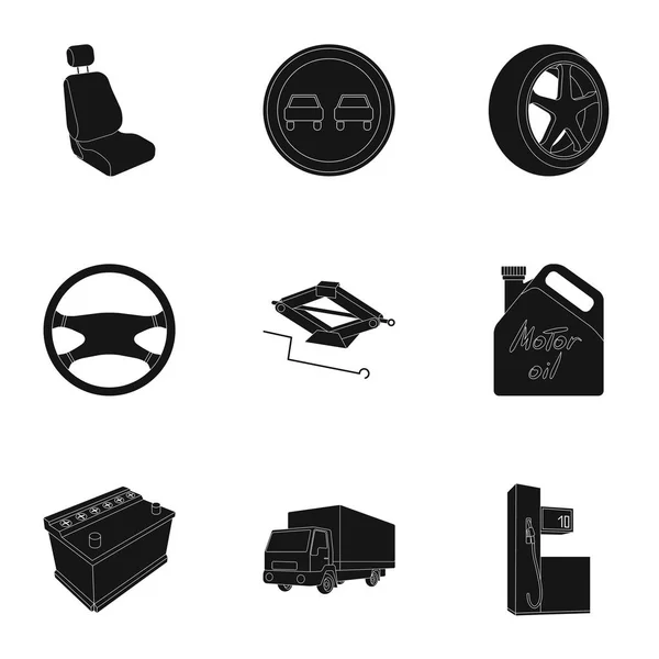 Roda, chave inglesa, macaco e outros equipamentos. Ícones de coleção de conjunto de carro em estilo preto símbolo vetorial ilustração web . — Vetor de Stock