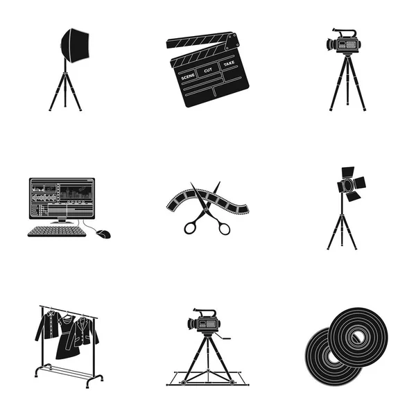 Une caméra de film, un projecteur, un chromakey et d'autres équipements pour le cinéma.Fabrication d'icônes de collection de décors de film en noir style vectoriel symbole illustration web . — Image vectorielle