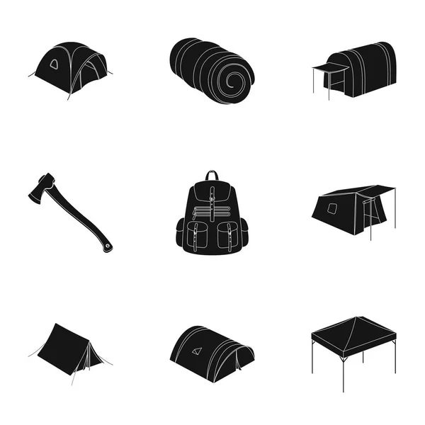 Различные виды палаток и другие туристические принадлежности. Иконки коллекции палаток в черном стиле векторных символов паутины иллюстрации . — стоковый вектор