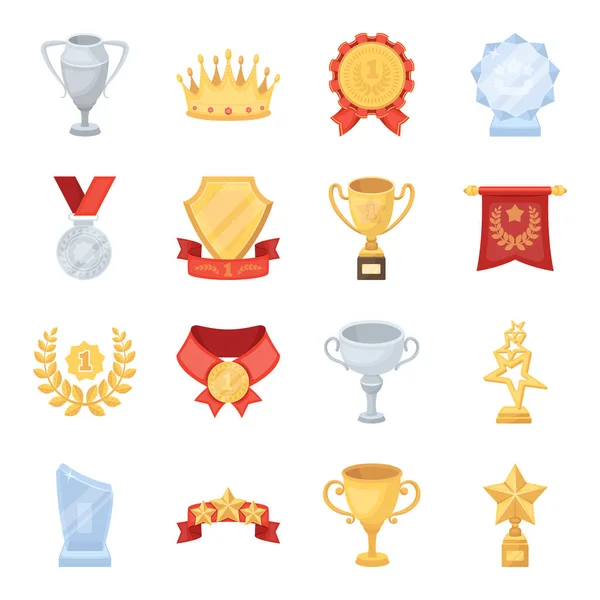 Copa, medalla, banderín y otros elementos. Premios y trofeos conjunto de iconos de la colección en el estilo de dibujos animados vector símbolo stock ilustración web . — Archivo Imágenes Vectoriales