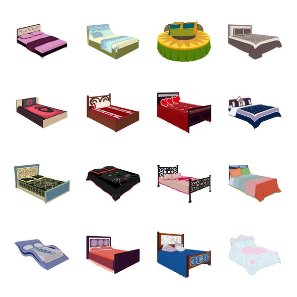 Ένα κρεβάτι με ένα πίσω, στρογγυλή, καμπύλες και άλλα είδη των εμπορευμάτων. Κρεβάτια που συλλογή εικονιδίων στο καρτούν στυλ διάνυσμα σύμβολο απόθεμα ενδεικτικά web. — Διανυσματικό Αρχείο