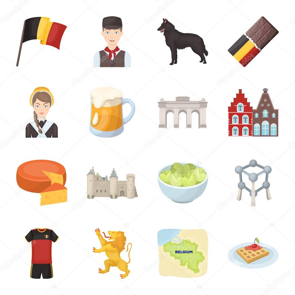 Flag, Brussels, chocolate, cheese, stained glass, lion, and other symbols. Belgium set collection icons in cartoon style vector symbol stock illustration .