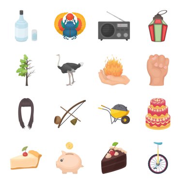 Alkol, büyü, güzellik ve diğer web simgesi karikatür tarzı. Sirk, gıda, finans simgeler kümesi koleksiyonu.