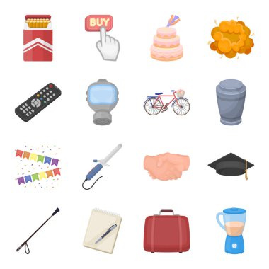 Gıda, spor, din ve diğer web simgesi karikatür tarzı. Düğme, seyahat, eğitim simgeler kümesi koleksiyonu.