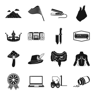 ulaşım, tablet, ilaç ve diğer web simge siyah stil içinde. avcılık, organ, silah küme koleksiyon simgeler.