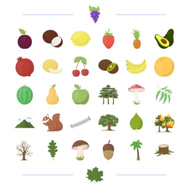 Ekoloji, vitaminler, meyve ve diğer web simgesi çizgi film style.fauna, doğa, koruma, küme koleksiyon simgeler.