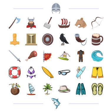 Vikingler, silah, semboller ve diğer web simgesi karikatür tarzı. Sörf, spor, hobi simgeleri set koleksiyonu.