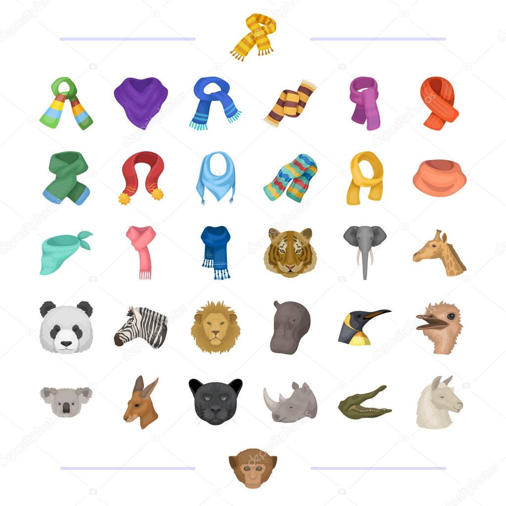 Different types of scarves and other  icon in cartoon style. wild animals icons in set collection.
