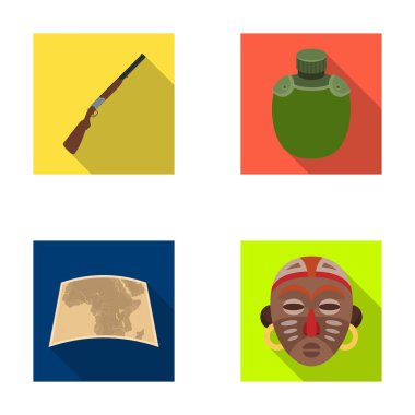 Av tüfeği, case, harita, Afrika maskesi şişeye. Afrika safari toplama simgeler düz stil vektör simge stok çizim web içinde ayarla..