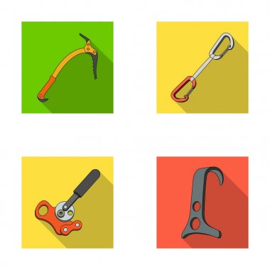 Bir buz balta, bir karabina ve diğer ekipmanlar. Dağcılık toplama simgeler düz stil vektör simge stok çizim web içinde ayarla..