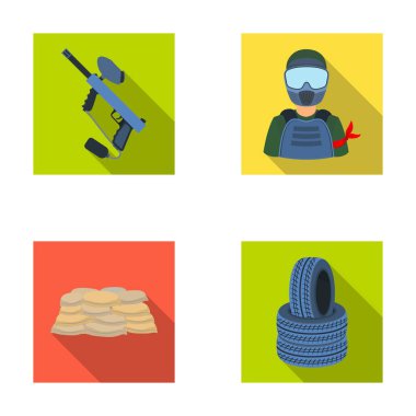 Paintball marker, oyuncu ve diğer aksesuarları. Paintball tek kutsal kişilerin resmi içinde düz stil vektör simge stok çizim web.