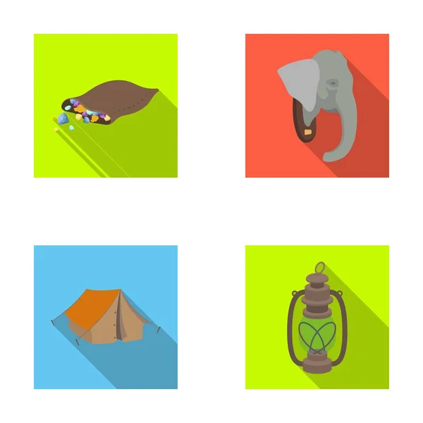 A bag of diamonds, an elephants head, a kerosene lamp, a tent. African safari set collection icons in flat style vector symbol stock illustration web. — Stock Vector