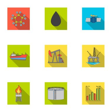 Petrol sondaj platformu, pompa ve diğer ekipmanları petrol kurtarma, işleme ve depolama için. Yağ toplama simgeler düz stil vektör simge stok çizim web içinde ayarla..