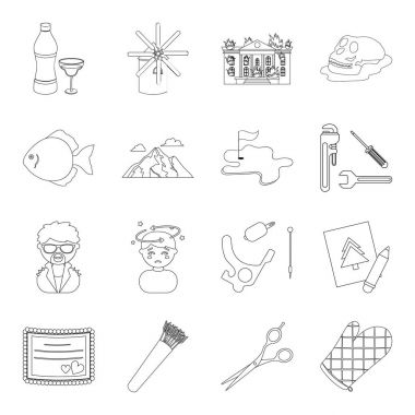 Sıhhi tesisat, tıp, bakım ve diğer web simgesi anahat tarzı. Spor, düğün, alkol simgeler kümesi koleksiyonu.