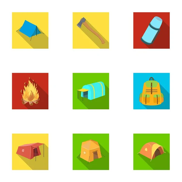 Varios tipos de tiendas de campaña y otros accesorios turísticos. La colección conjunto de carpas iconos en el estilo plano vector símbolo stock ilustración web . — Vector de stock