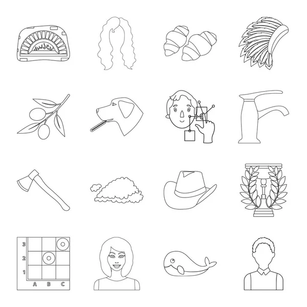 Spor, eğitim, doğa ve diğer web simgesi anahat tarzı. Gömlek, güzellik, gıda simgeler kümesi koleksiyonu.