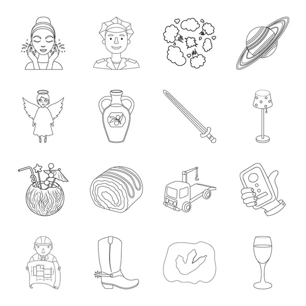 Bina, Meslek, ulaşım ve diğer web simgesi anahat tarzı. Ordu, teknoloji, ritüel simgeler kümesi koleksiyonu.