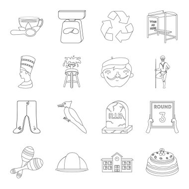 Spor, madenci, eğitim ve diğer web simgesi anahat tarzı. ritüel, Tarih, sanat simgeler kümesi koleksiyonu.