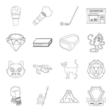 Spor, Kütüphane, hayvan ve diğer web simgesi anahat tarzı. Tıp, eğitim, küme toplama hobi simgeleri.