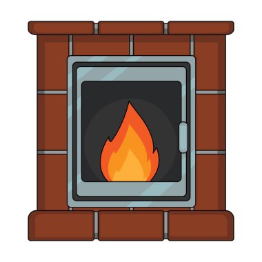 Yangın, sıcaklık ve konfor. Şömine tek kutsal kişilerin resmi içinde karikatür tarzı vektör simge stok çizim web.