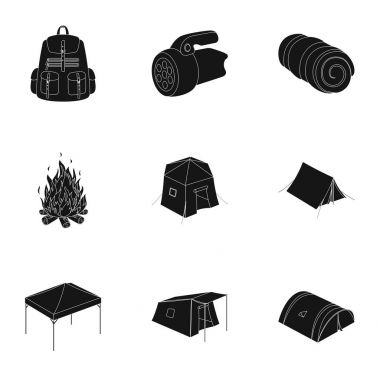 Çadır ve diğer turistik aksesuarlar çeşitli. Çadır toplama simgeler siyah stil vektör simge stok çizim web içinde ayarla..