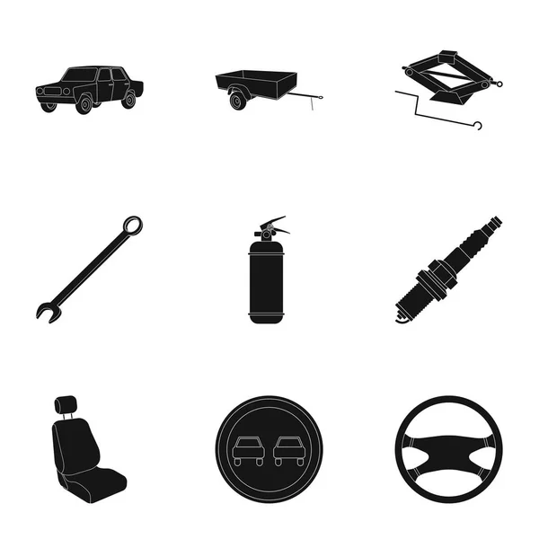 Τιμόνι, γαλλικό κλειδί, jack και άλλου εξοπλισμού. Αυτοκίνητο που συλλογή εικονιδίων στο μαύρο στυλ διάνυσμα σύμβολο μετοχής εικονογράφηση web. — Διανυσματικό Αρχείο