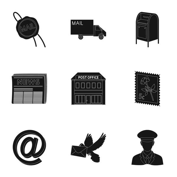 Cartero, sobre, buzón de correo y otros atributos del servicio postal. Iconos de colección de conjuntos de correo y cartero en negro estilo vector símbolo stock ilustración web . — Archivo Imágenes Vectoriales