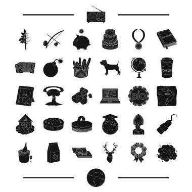 Dünya, alkol, silah ve diğer web simge siyah stil içinde. içki, simgeler kümesi koleksiyonundaki seyahat.