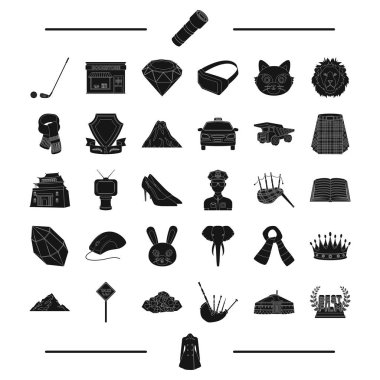 mücevher, İskoçya, Moğolistan ve diğer web simge siyah stil içinde. Hayvan, golf, seyahat küme koleksiyon simgeler.