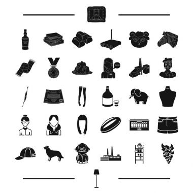 Servisi, giyim, görünüm ve diğer web simge siyah stil içinde. Stil, hayvan, sanayi, alkol simgeler kümesi koleksiyonu.