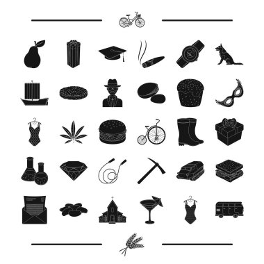 ekmek, gıda, ulaşım ve diğer web simge siyah stil içinde. Paskalya, mücevher, seyahat simgeler kümesi koleksiyonu.