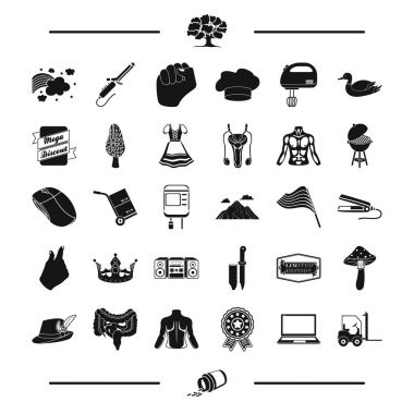 Tıp, eğlence ve diğer web simge siyah stil içinde. seyahat, bilgisayar simgeler kümesi koleksiyonu.