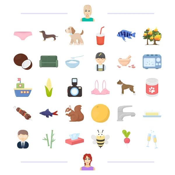 Tier, Lebensmittel und andere Web-Symbole im Cartoon-Stil. Aussehen, Produkt-Symbole in der Set-Kollektion. — Stockvektor