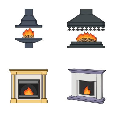 Yangın, sıcaklık ve konfor. Şömine toplama simgeler karikatür tarzı vektör simge stok çizim web içinde ayarla..