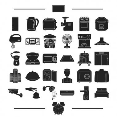 tatil, aletleri, ev içi kullanımına yönelik ve diğer web simge siyah style.hotel, banka, seyahat, küme koleksiyon simgeler.