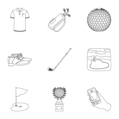 Bir golfçü, bir top, bir kulüp ve diğer golf öznitelikleri. Golf club toplama simgeler anahat stili vektör simge stok çizim web içinde ayarla..