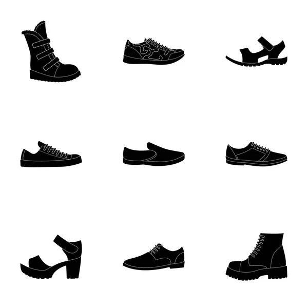 Ένα σύνολο από εικονίδια σε μια ποικιλία από παπούτσια. Διαφορετικά παπούτσια μόνο εικονίδιο στο μαύρο στυλ διάνυσμα σύμβολο μετοχής εικονογράφηση. — Διανυσματικό Αρχείο