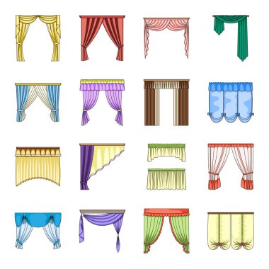 Kumaş, tekstil, iç ve diğer perdeleri öğeleri. Perdeleri toplama simgeler karikatür tarzı vektör simge stok çizim web içinde ayarla..