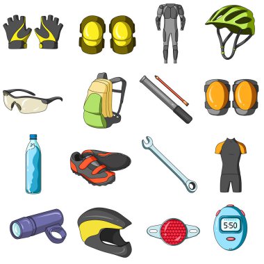 Eldiven, takım elbise, kask, spor ayakkabıları ve diğer ekipmanlar. Bisikletçi kıyafet toplama simgeler karikatür tarzı vektör simge stok çizim web içinde ayarla..