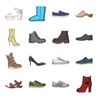 Ayakkabı, Stil, topuk ve ayakkabı türleri. Farklı ayakkabı toplama simgeler karikatür tarzı vektör simge stok çizim web içinde ayarla..