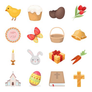 Paskalya kek, yumurta, tavuk, tavşan, kelebek ve diğer özellikleri. Paskalya toplama simgeler karikatür tarzı vektör simge stok çizim web içinde ayarla..