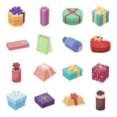Kutusu, şerit, yay ve diğer ambalaj malzemesi. Hediyeler ve sertifikaları toplama simgeler karikatür tarzı vektör simge stok çizim web içinde ayarla.
