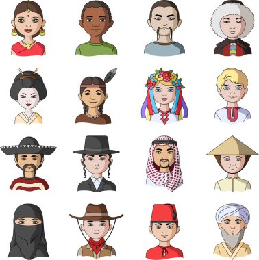 Çin, Rusya, Amerikan, Arap, Hint, Türk ve diğer ırklardan. İnsan ırkının toplama simgeler karikatür tarzı vektör simge stok çizim web içinde ayarla..