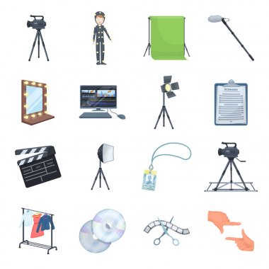 Bir film kamera, bir ışıldak, bir chromakey ve diğer ekipmanları sinema için. Toplama simgeler karikatür tarzı vektör simge stok çizim web içinde ayarla filmini.