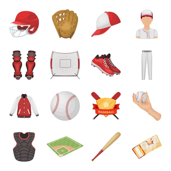 Bal, helm, vleermuis, uniform en andere kenmerken van de honkbal. Honkbal collectie iconen in cartoon stijl vector symbool stock illustratie web instellen. — Stockvector