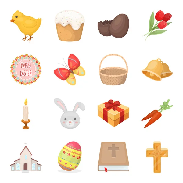 Osterkuchen, Ei, Huhn, Hase, Schmetterling und andere Attribute. Ostern Set Sammlung Symbole im Cartoon-Stil Vektor Symbol Stock Illustration Web. — Stockvektor